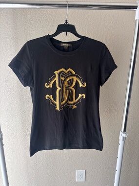 Roberto Cavalli Black Tee with Gold Logo Tag